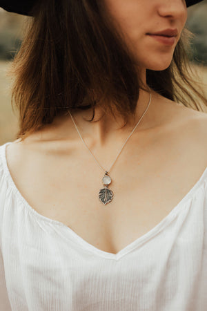 Rainbow Moonstone Hawthorn Leaf Pendant