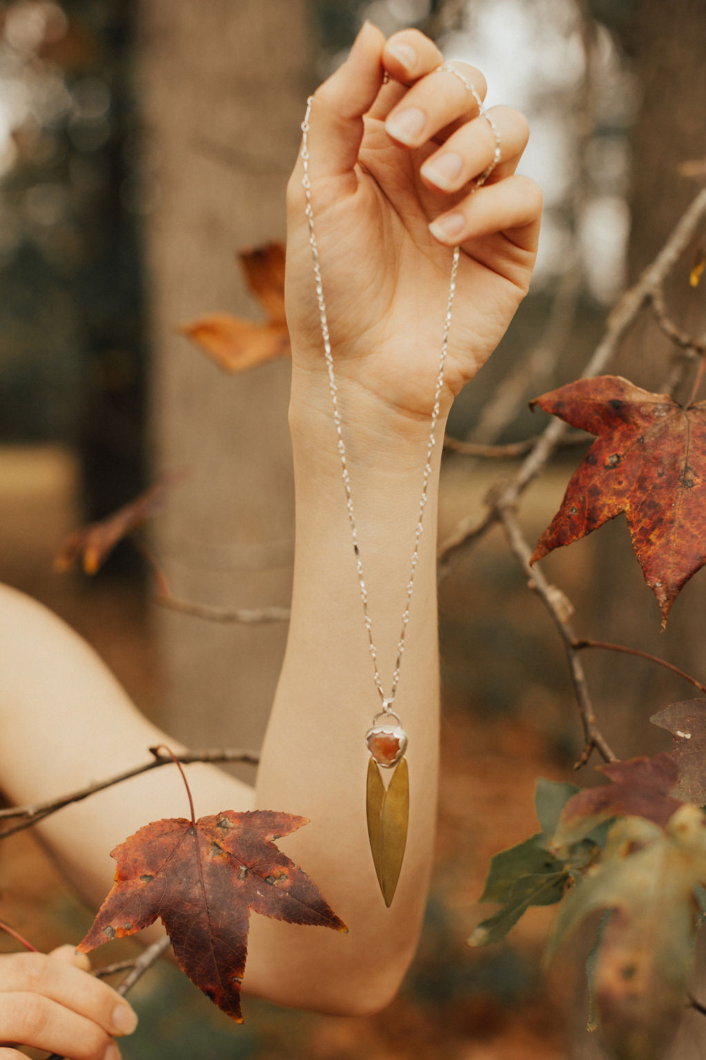 Agate Pendant with Brass Leaves