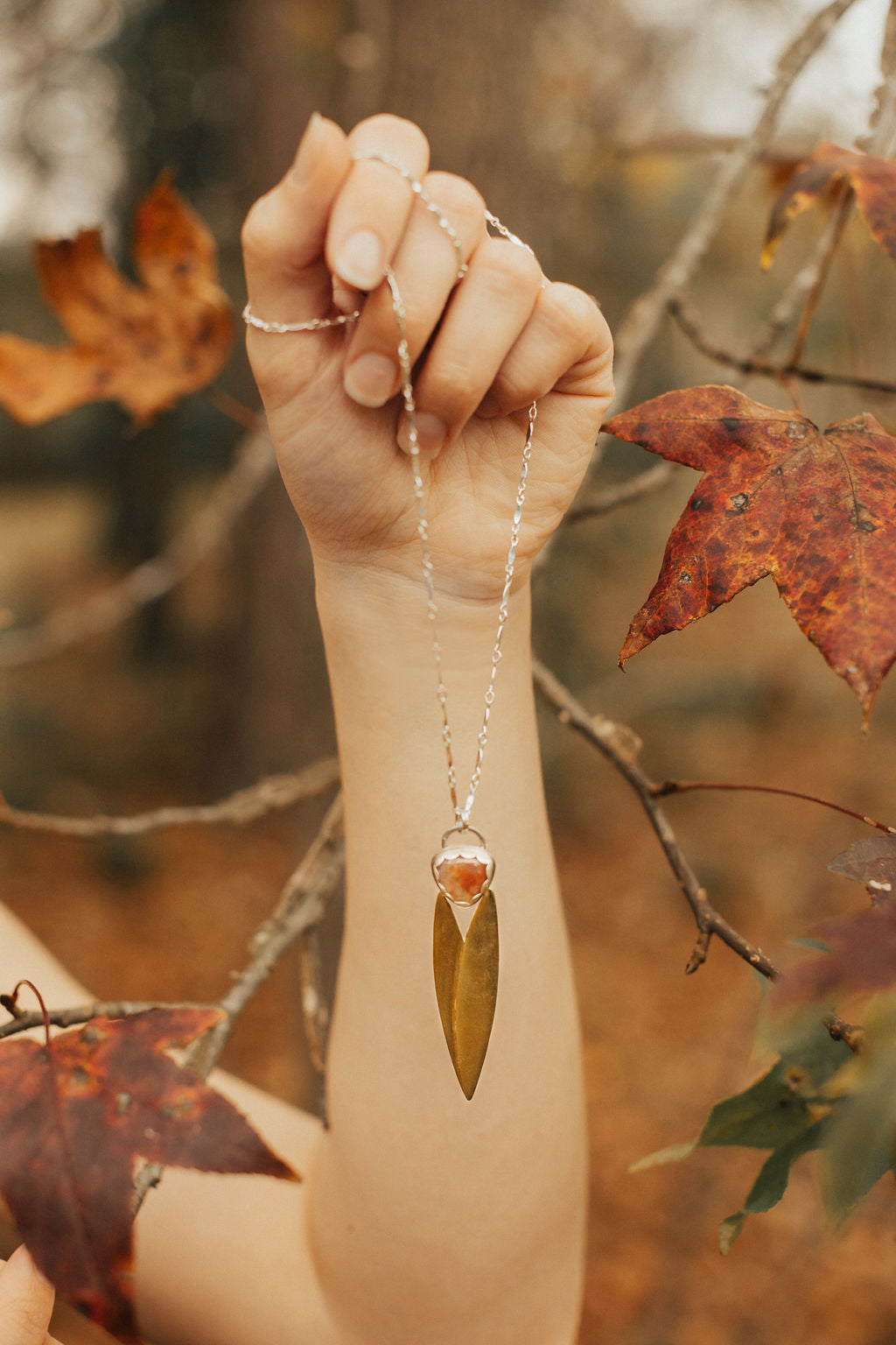 Agate Pendant with Brass Leaves