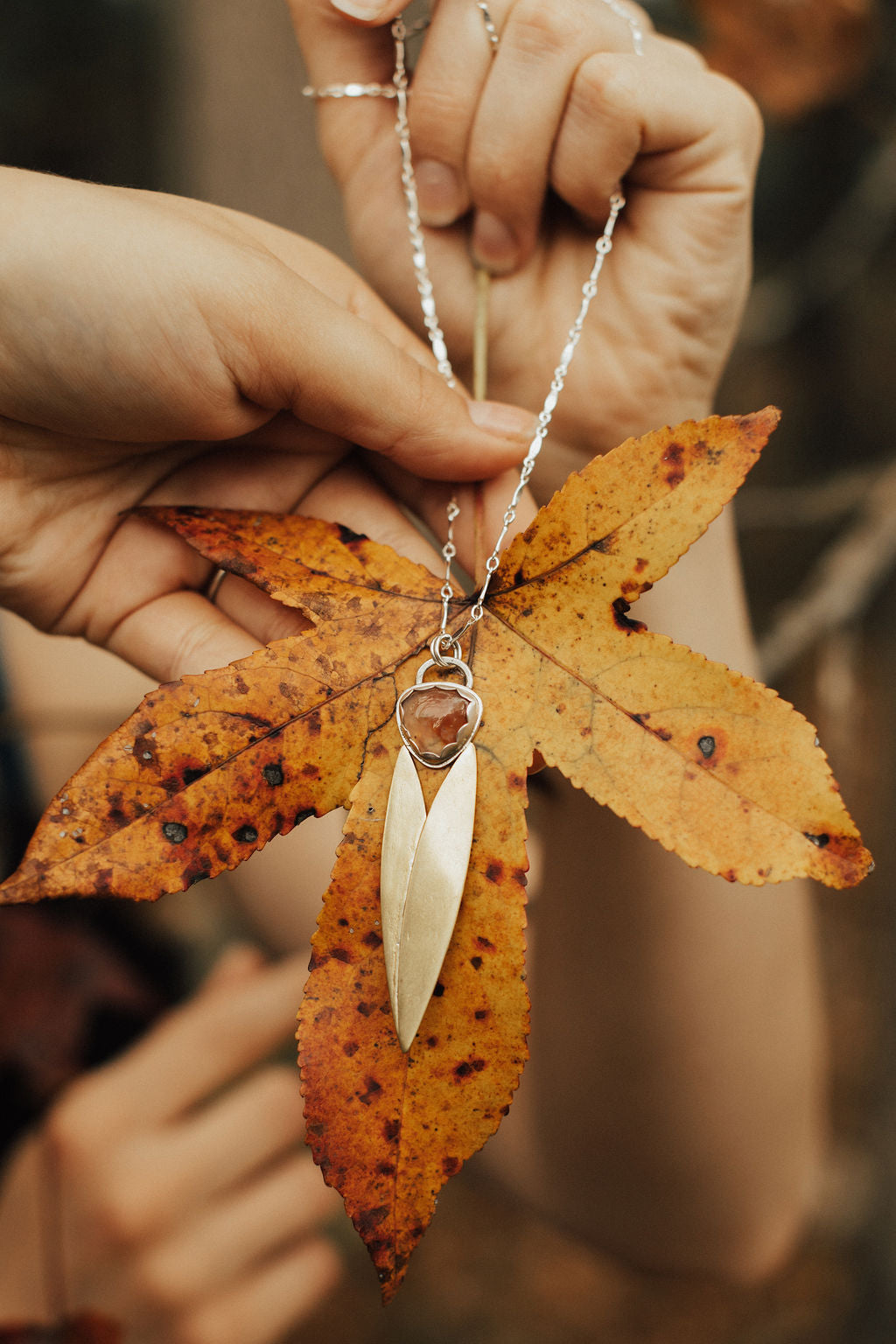 Agate Pendant with Brass Leaves