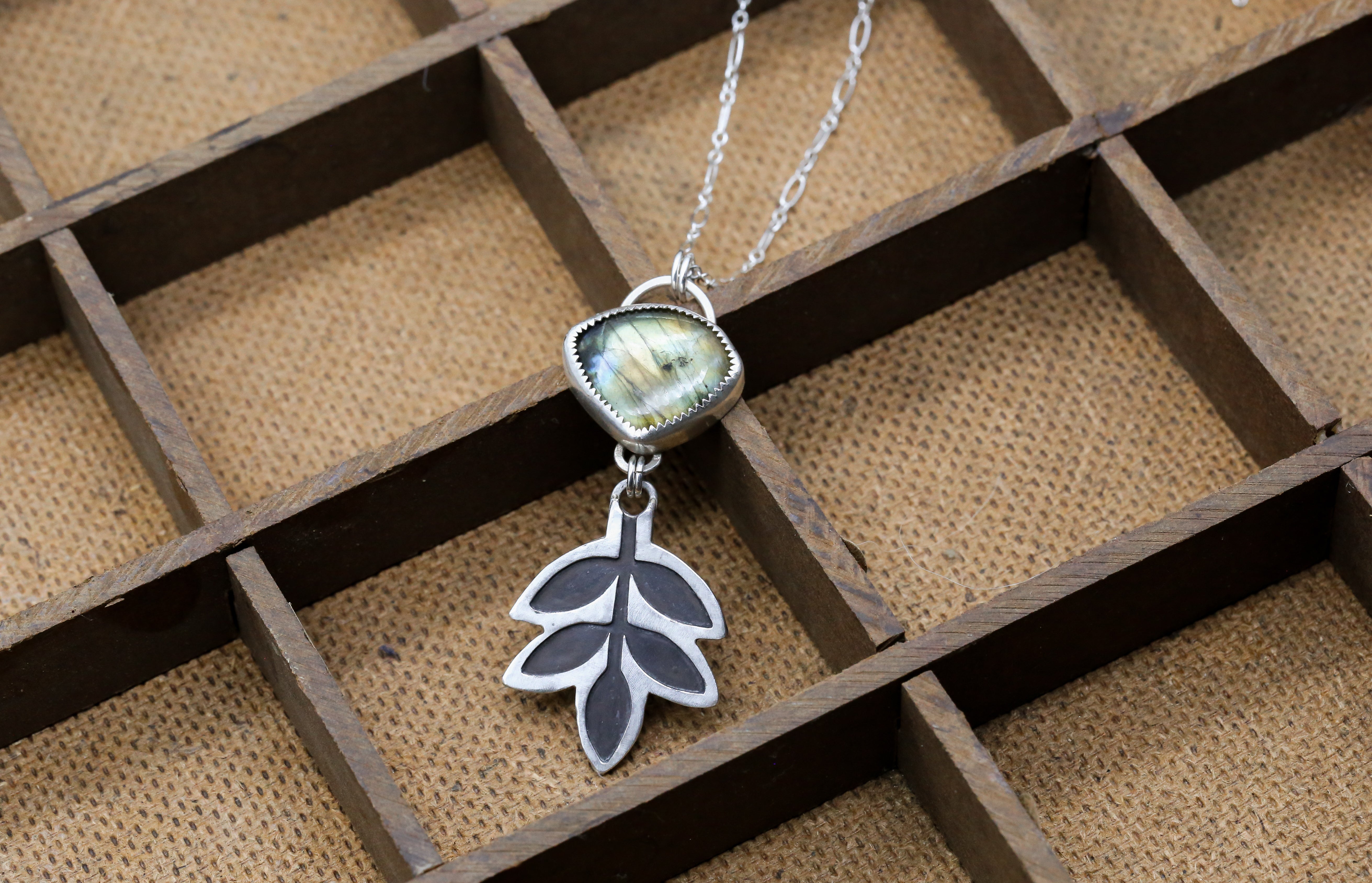 Labradorite Patinated Ash Leaf Necklace