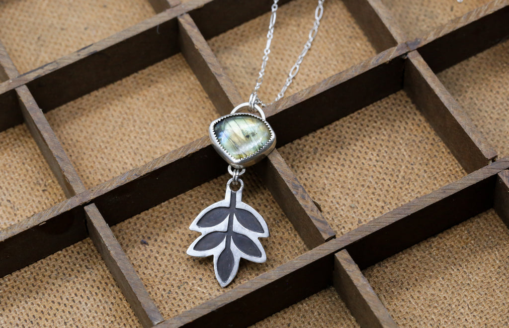 Labradorite Patinated Ash Leaf Necklace