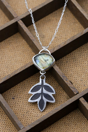 Labradorite Patinated Ash Leaf Necklace