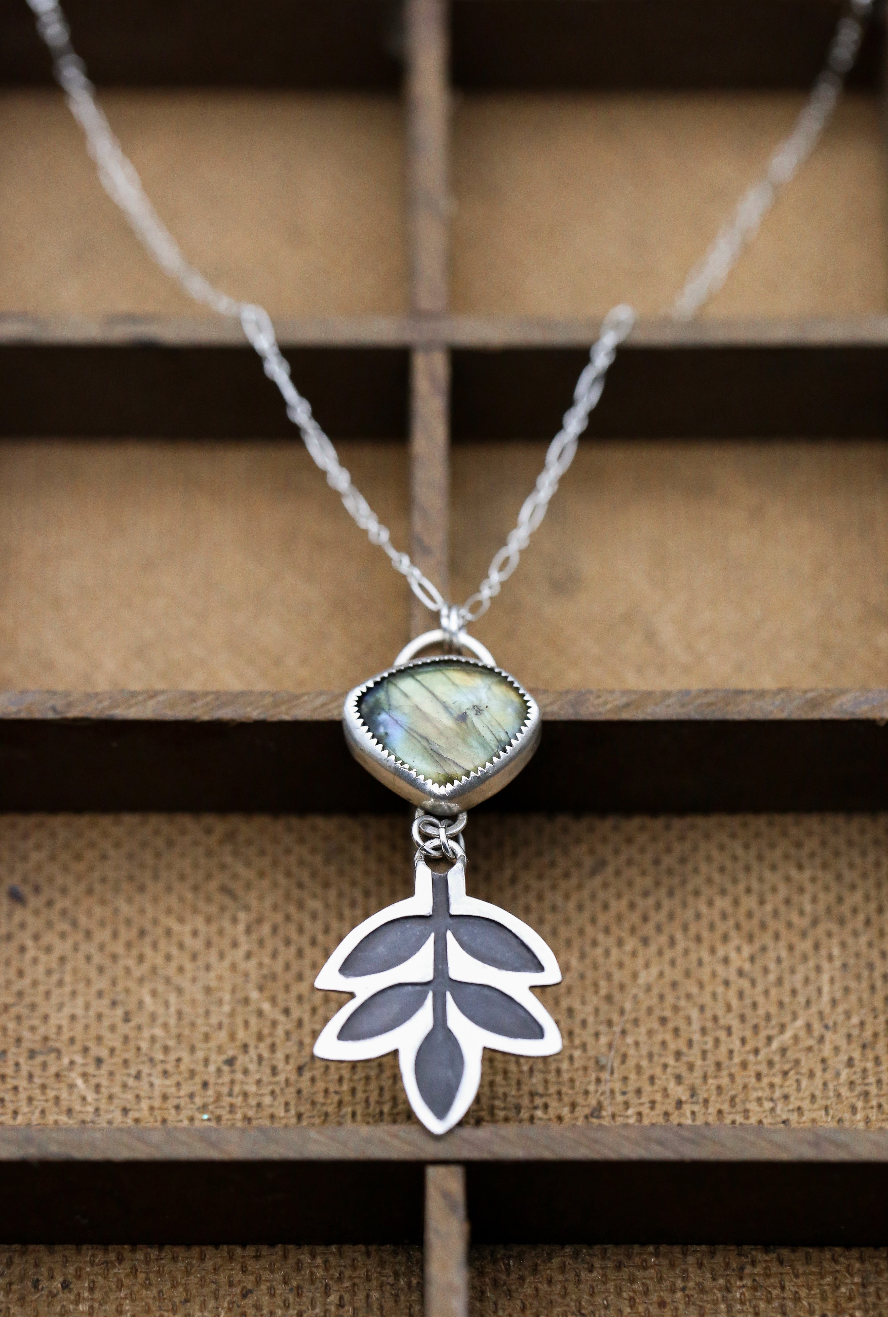 Labradorite Patinated Ash Leaf Necklace