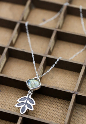 Labradorite Patinated Ash Leaf Necklace