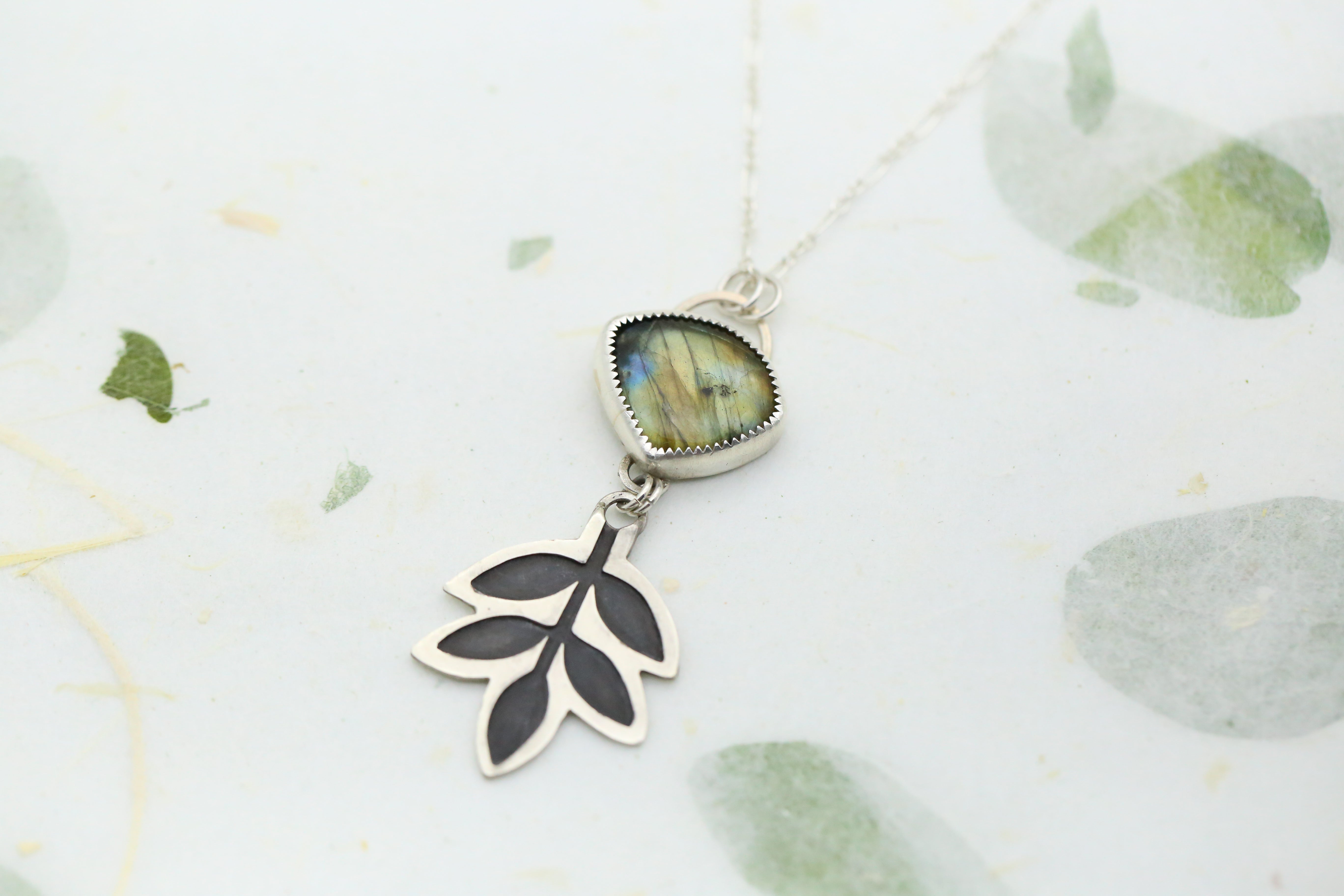 Labradorite Patinated Ash Leaf Necklace