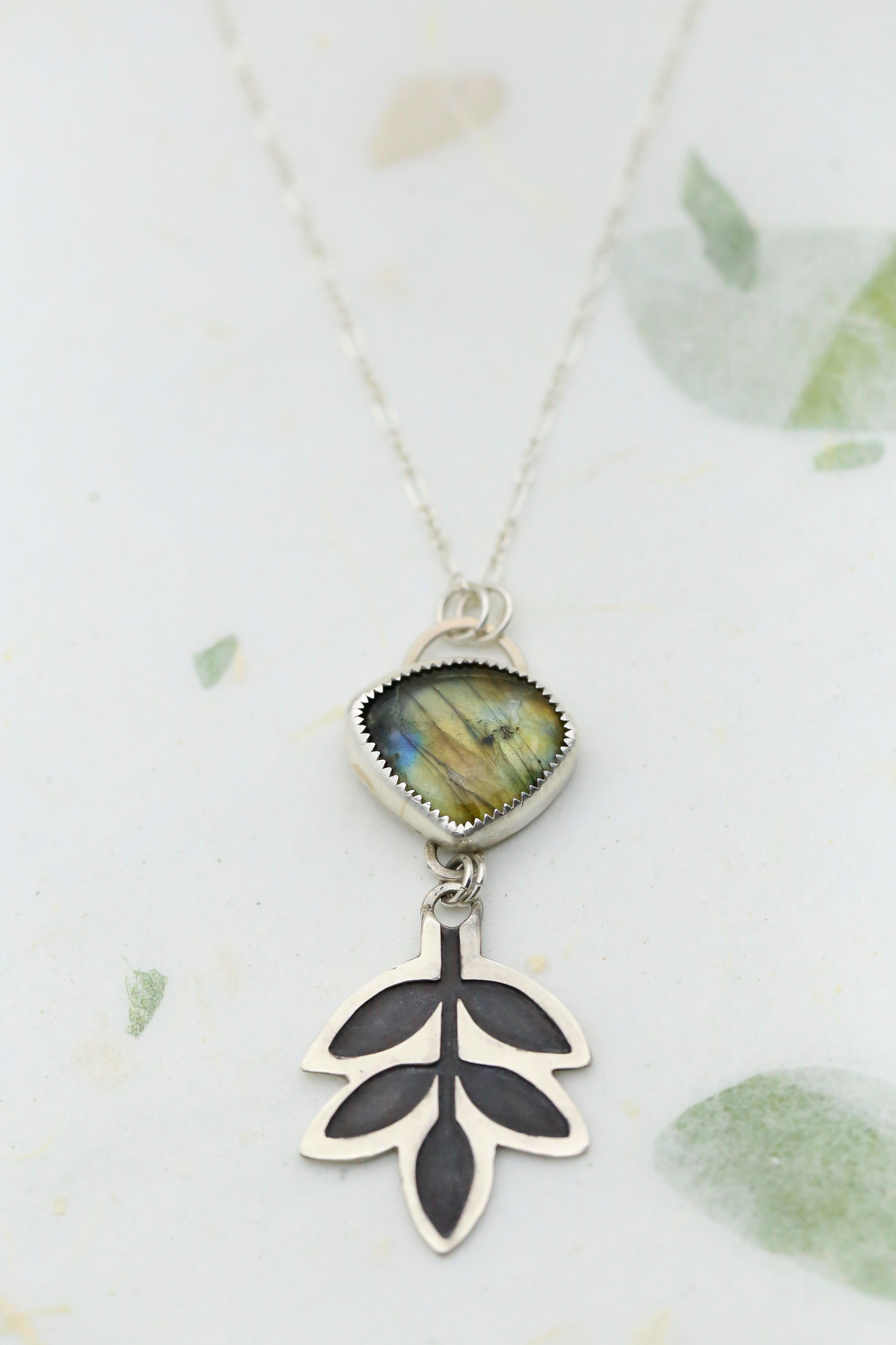 Labradorite Patinated Ash Leaf Necklace