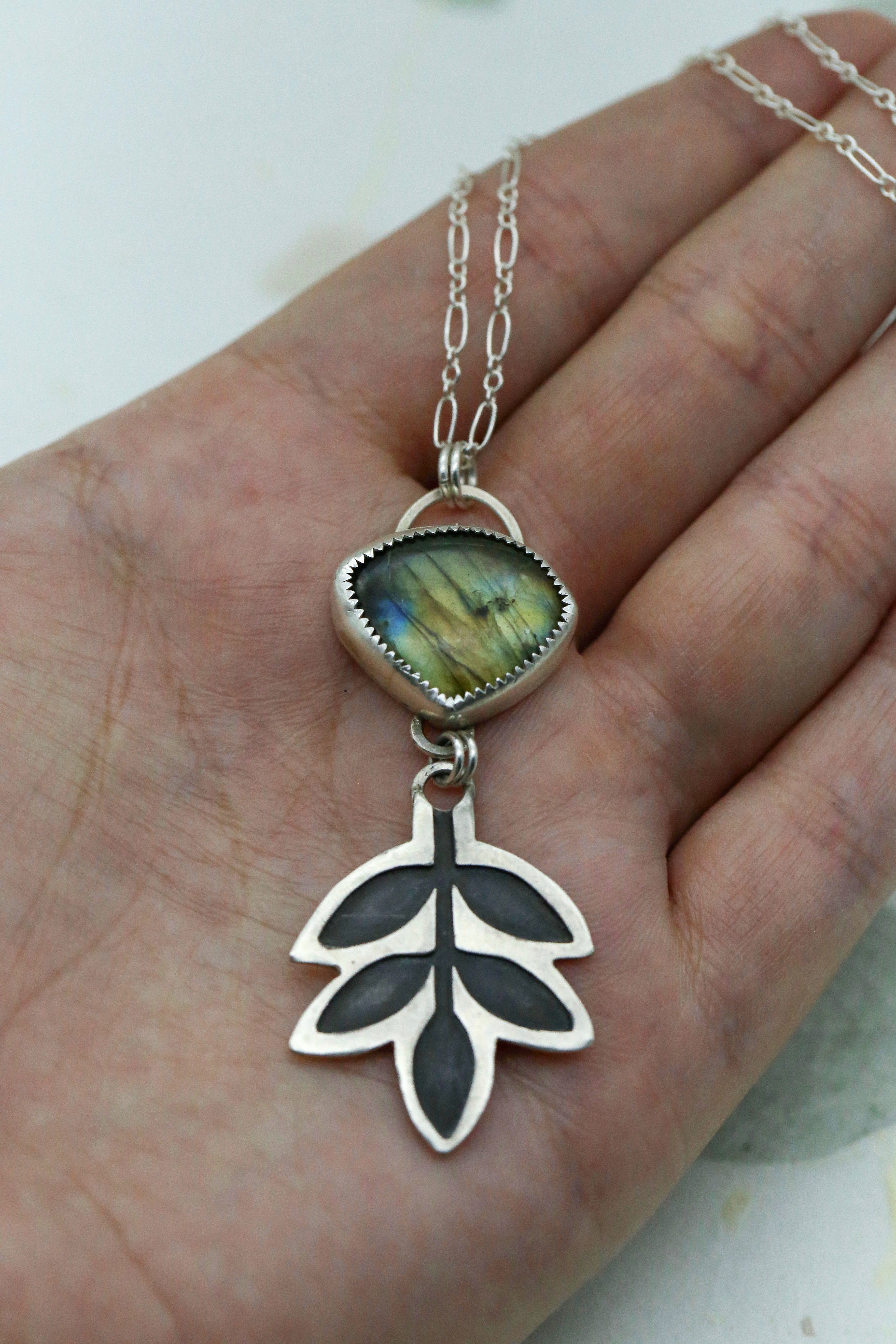 Labradorite Patinated Ash Leaf Necklace