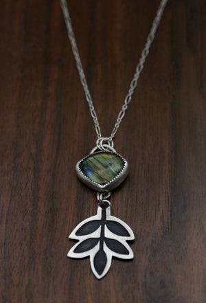 Labradorite Patinated Ash Leaf Necklace