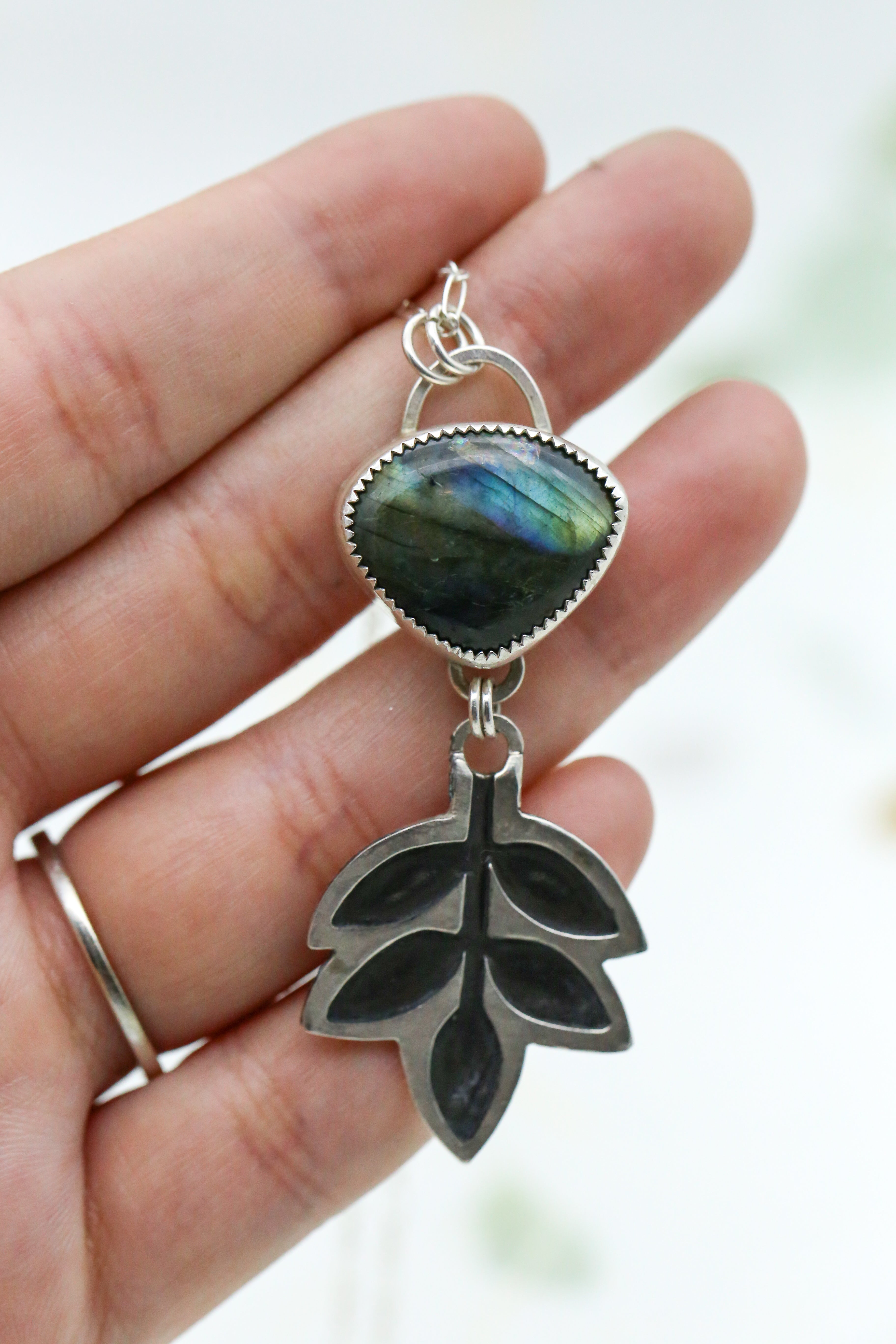 Labradorite Patinated Ash Leaf Pendant