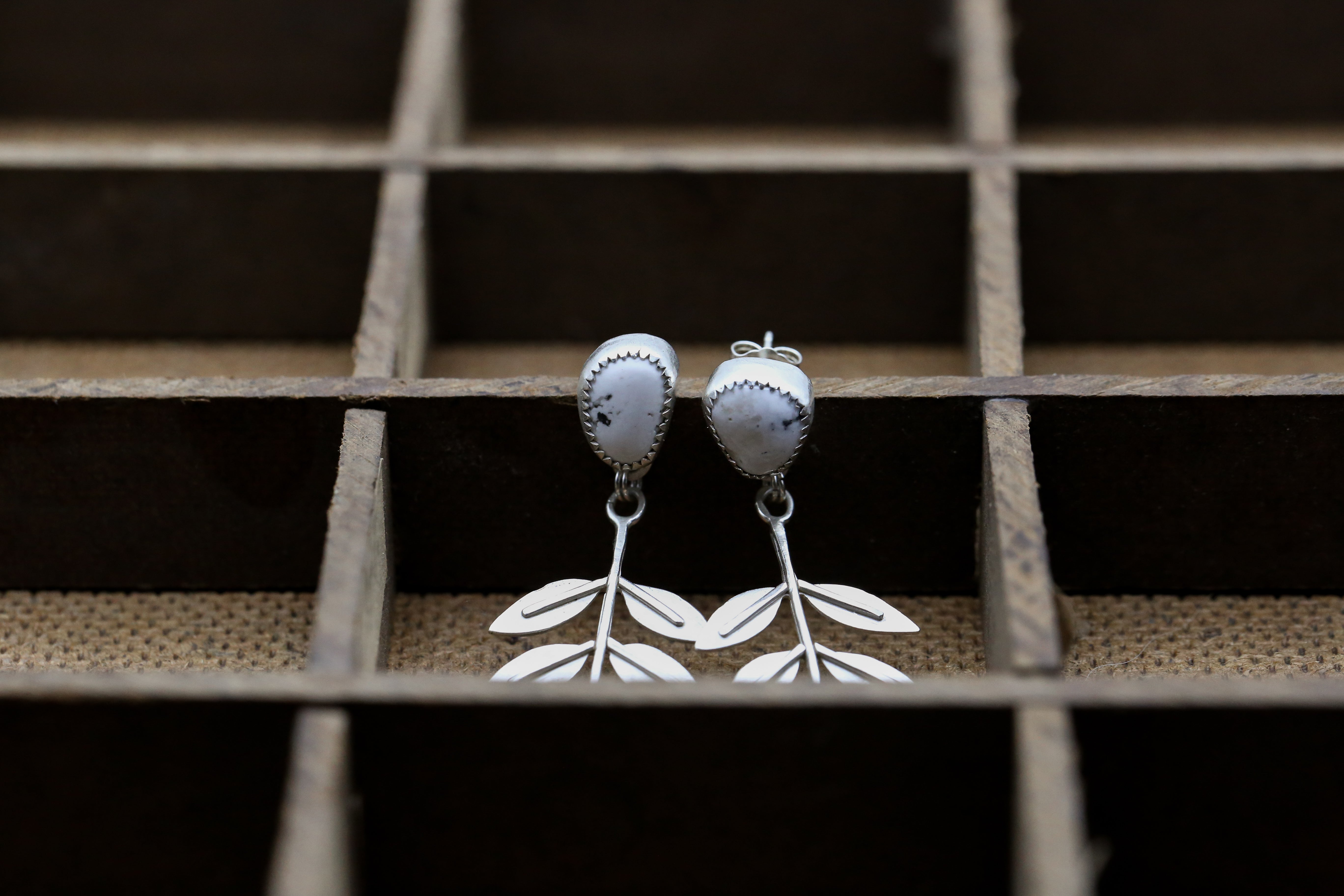 White Buffalo Turquoise Ash Tree Leaf Earrings