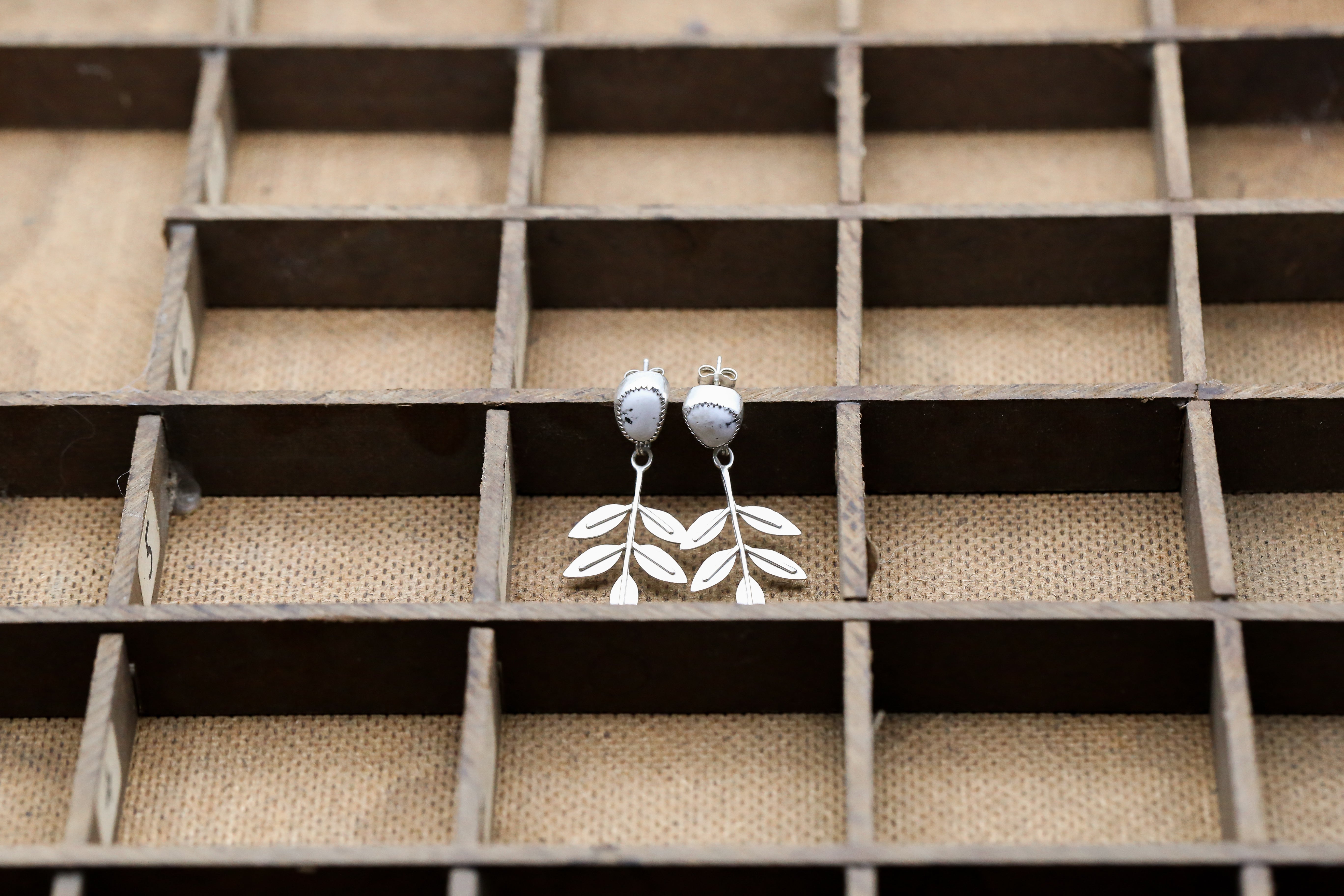 White Buffalo Turquoise Ash Tree Leaf Earrings