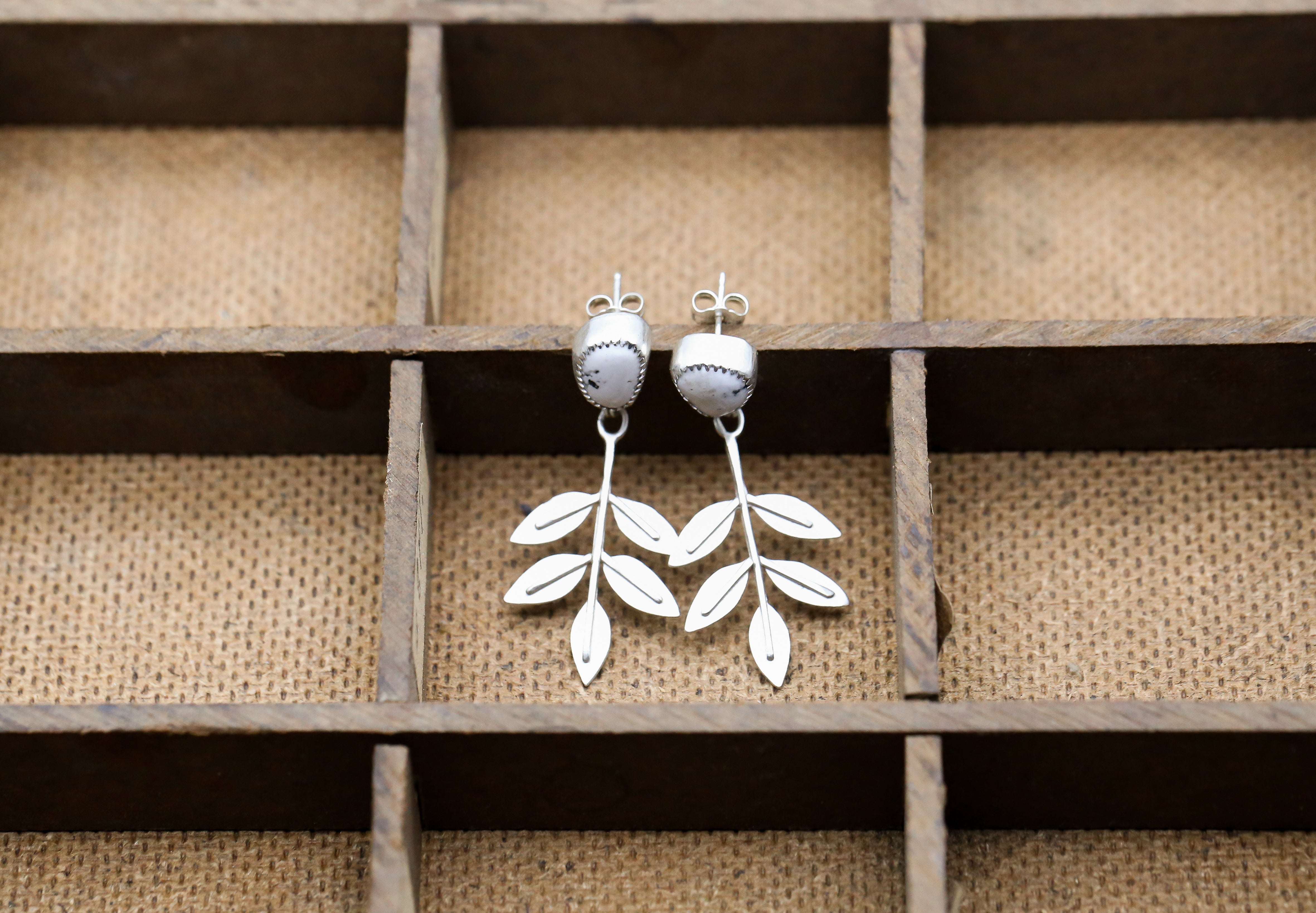 White Buffalo Turquoise Ash Tree Leaf Earrings