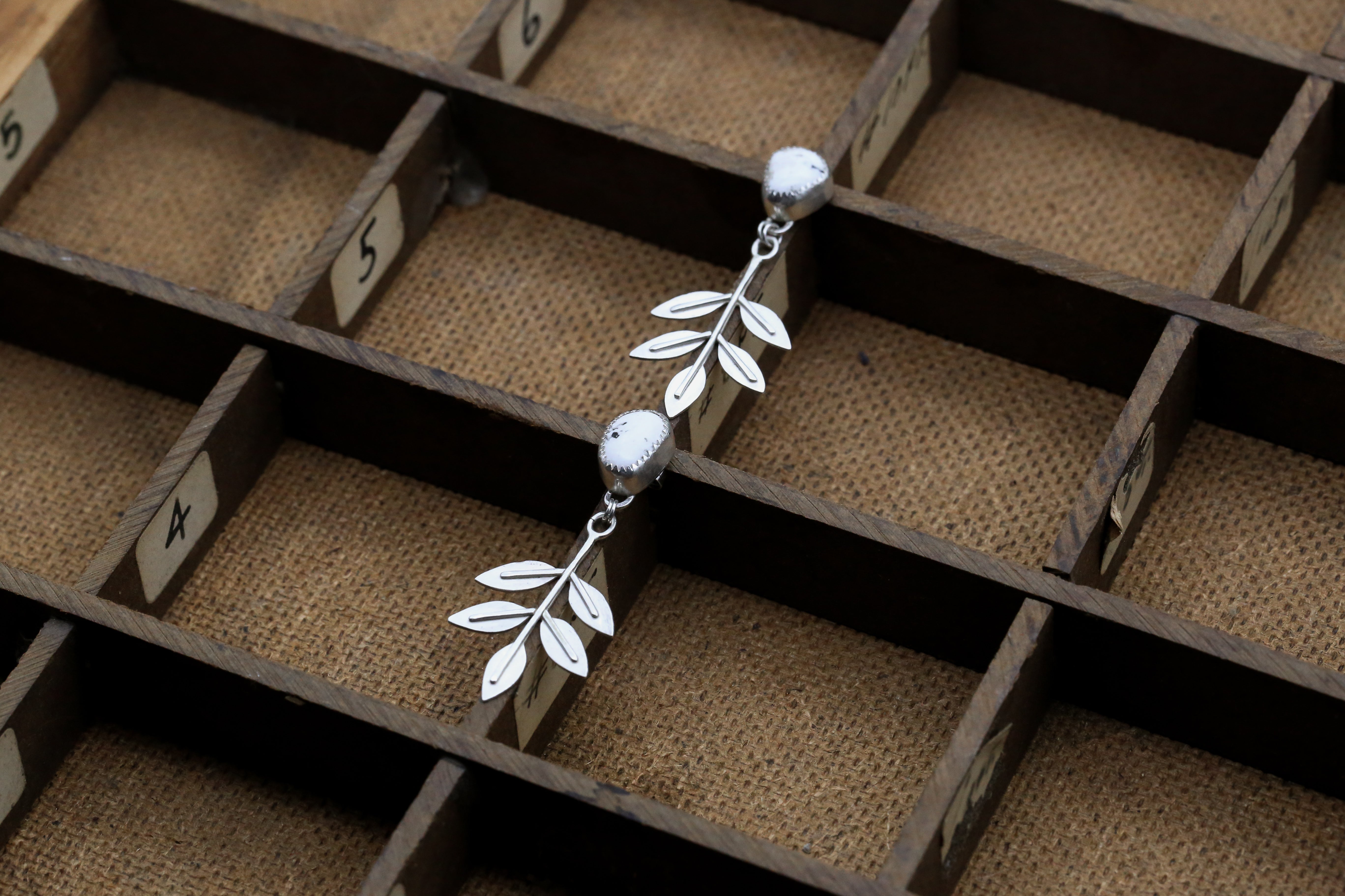 White Buffalo Turquoise Ash Tree Leaf Earrings