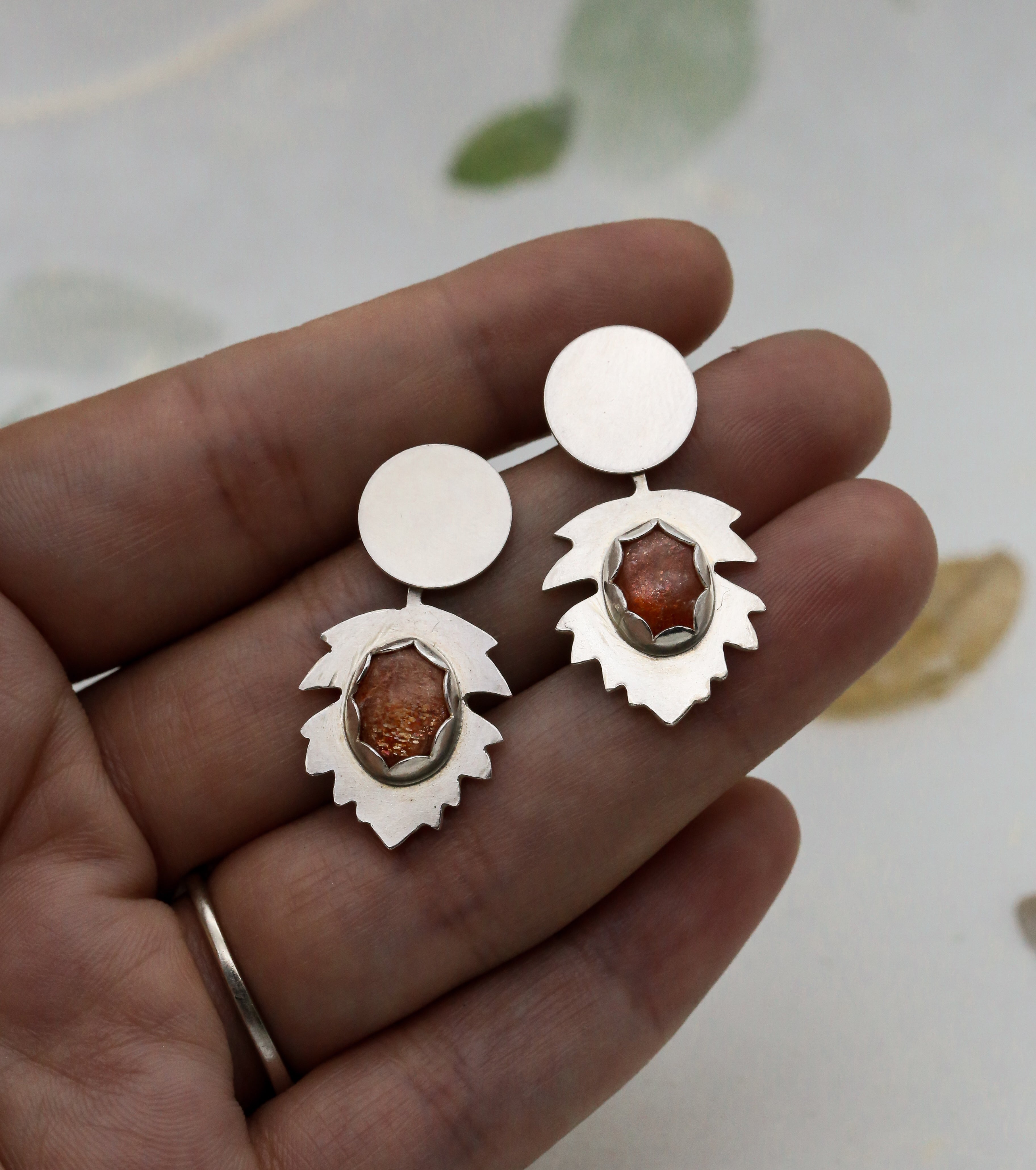 Sunstone Hawthorn Leaf Earrings