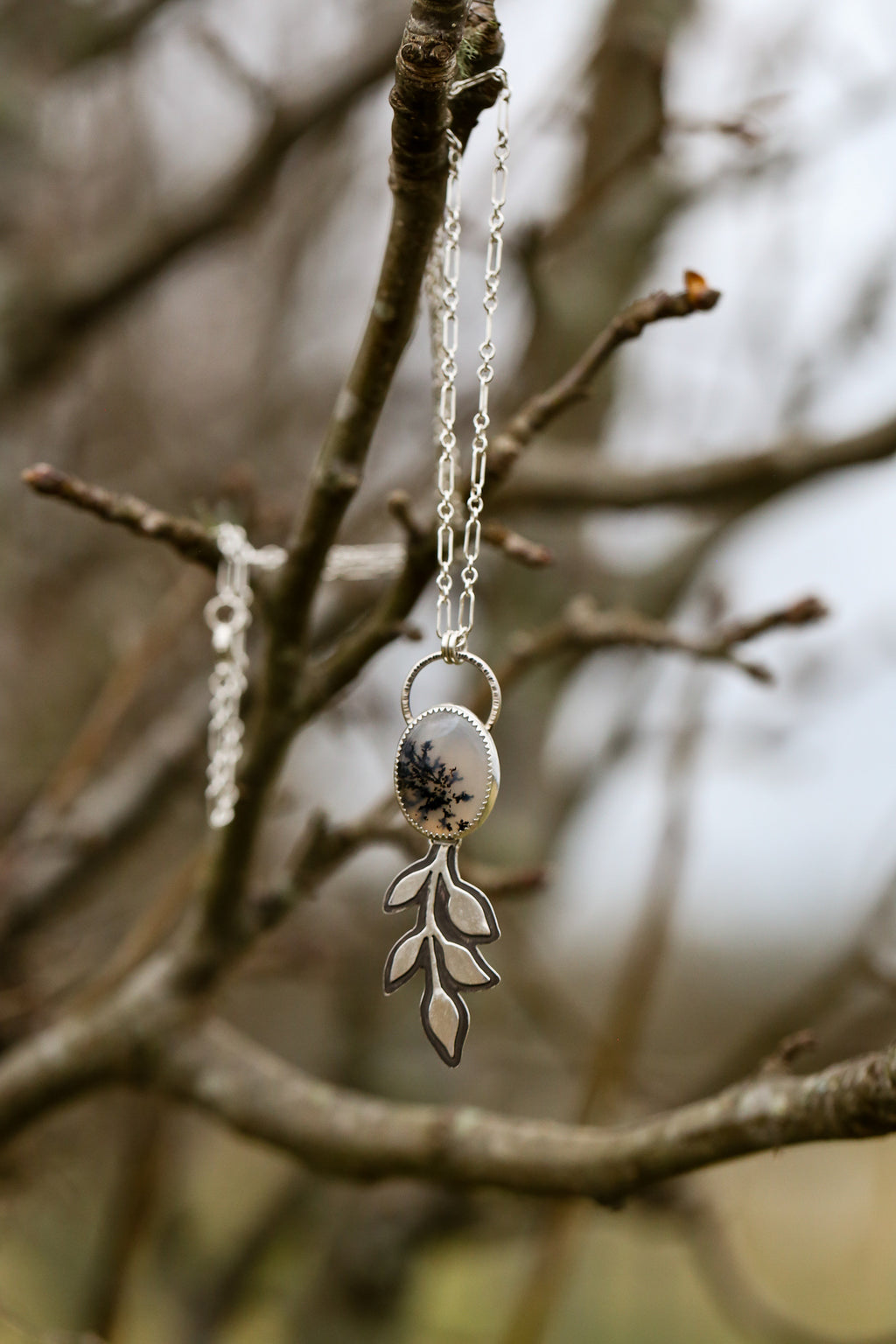 Dendritic Moss Agate Leaf Pendant