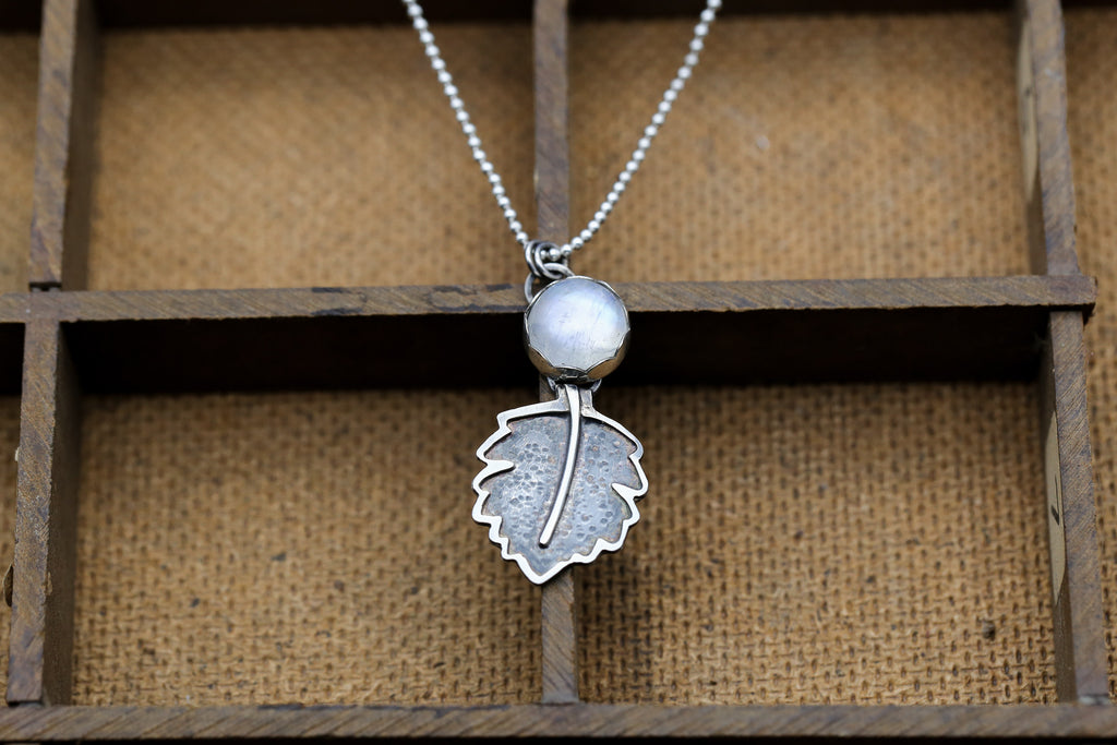 Rainbow Moonstone Hawthorn Leaf Pendant