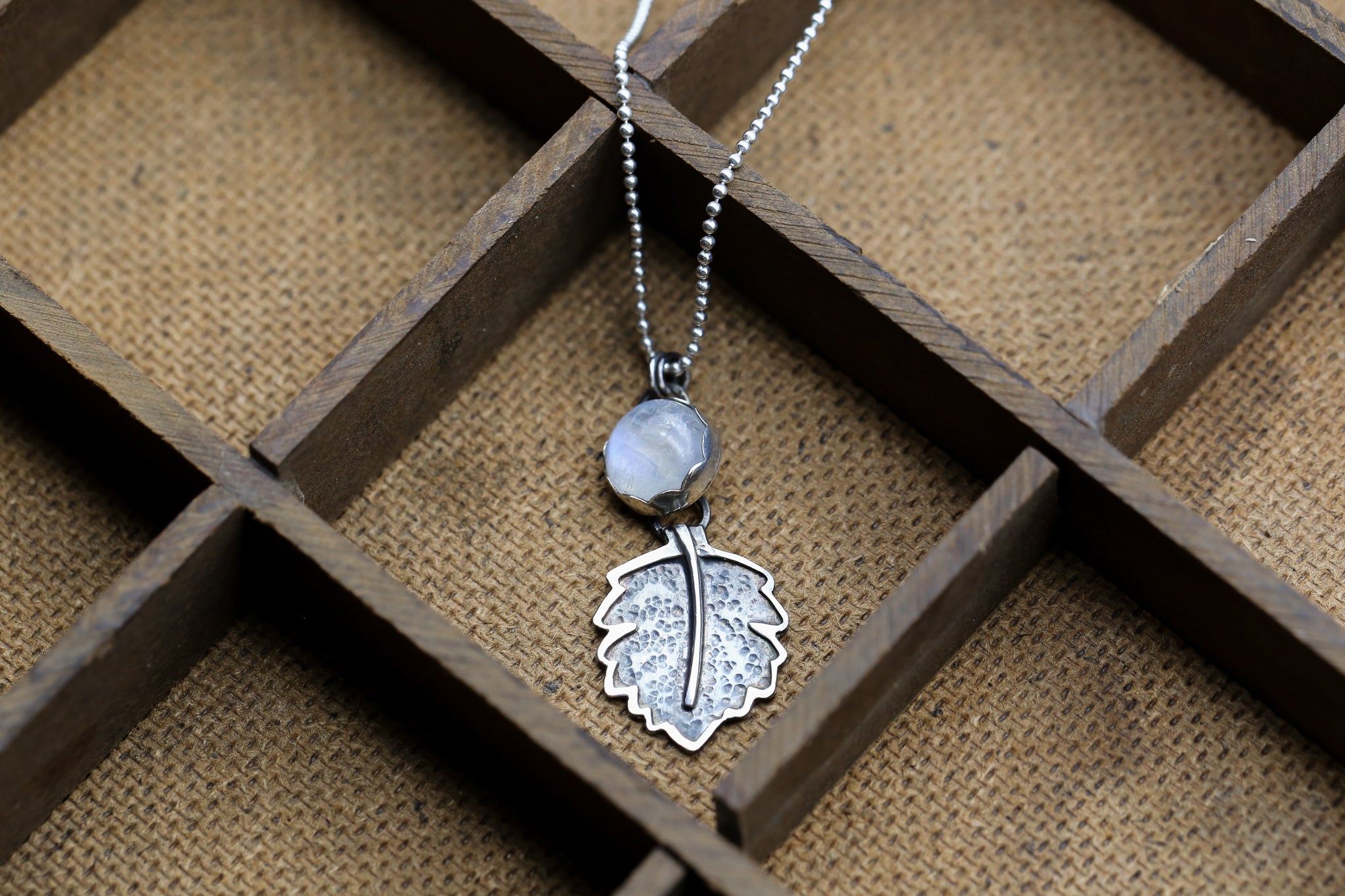 Rainbow Moonstone Hawthorn Leaf Pendant