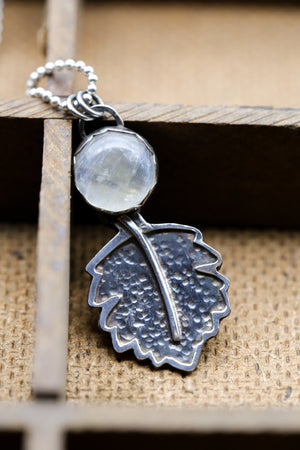 Rainbow Moonstone Hawthorn Leaf Pendant