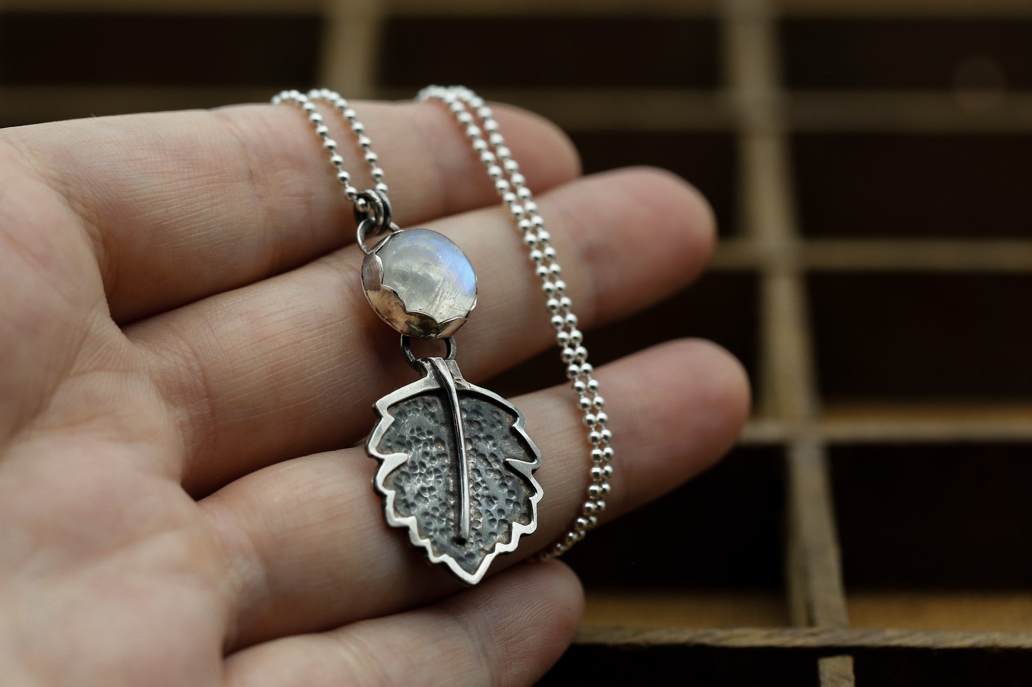 Rainbow Moonstone Hawthorn Leaf Pendant