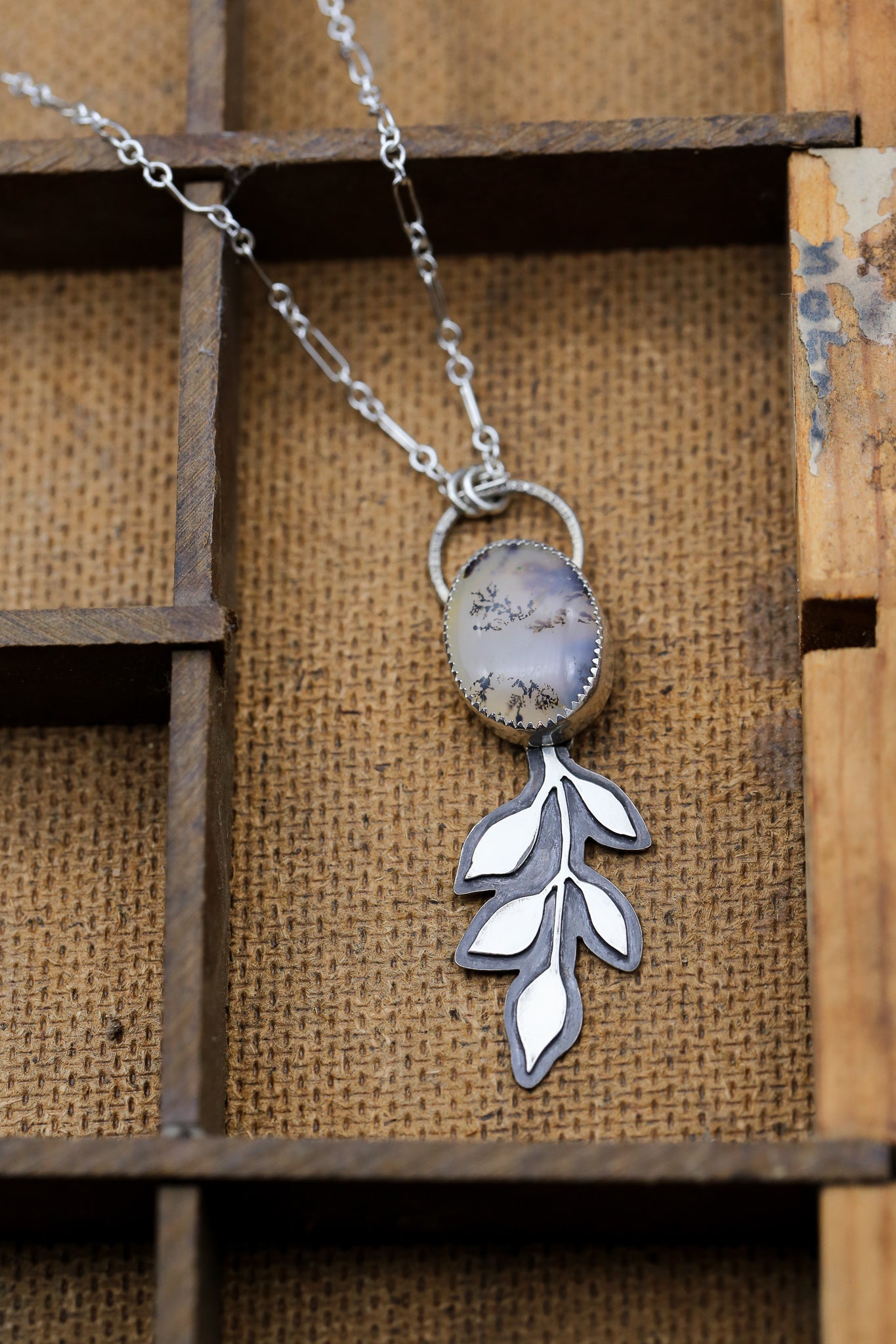 Dendritic Moss Agate Leaf Pendant