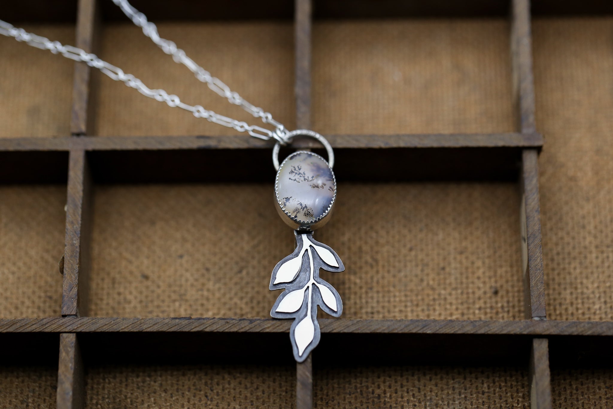 Dendritic Moss Agate Leaf Pendant