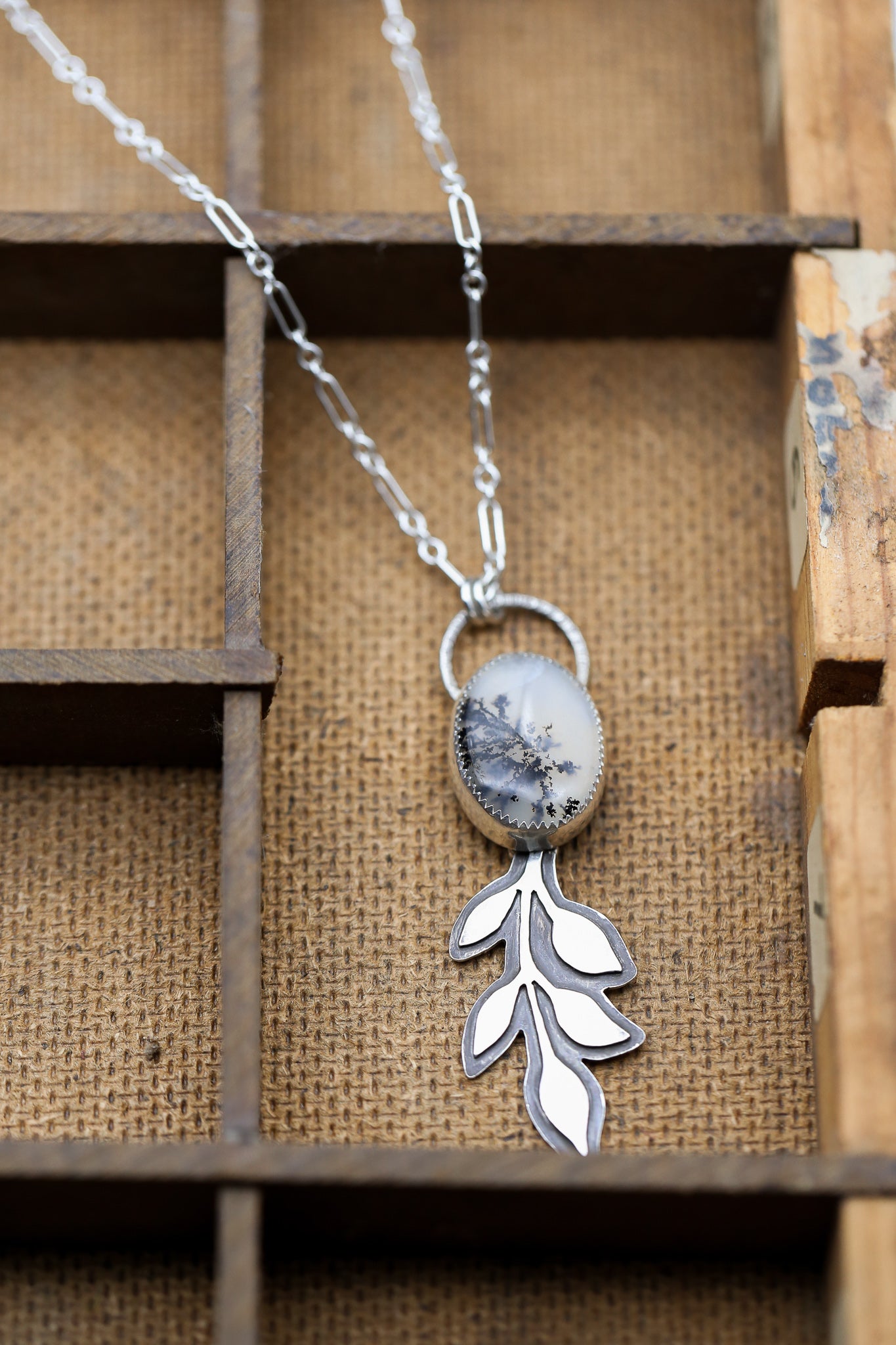 Dendritic Moss Agate Leaf Pendant