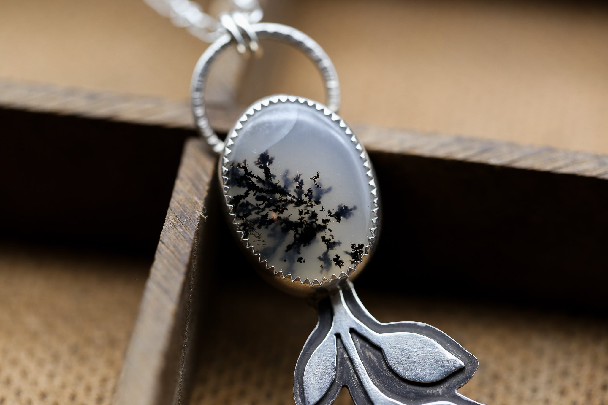 Dendritic Moss Agate Leaf Pendant