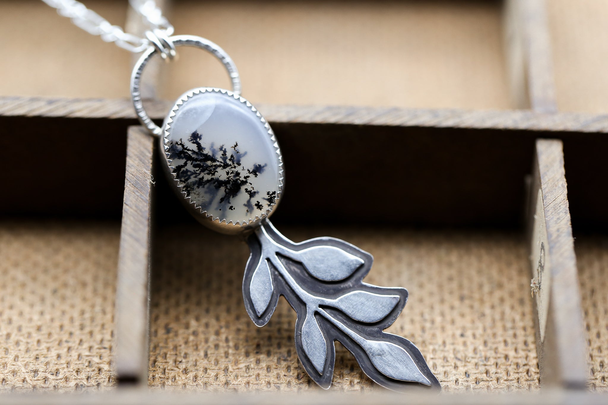 Dendritic Moss Agate Leaf Pendant