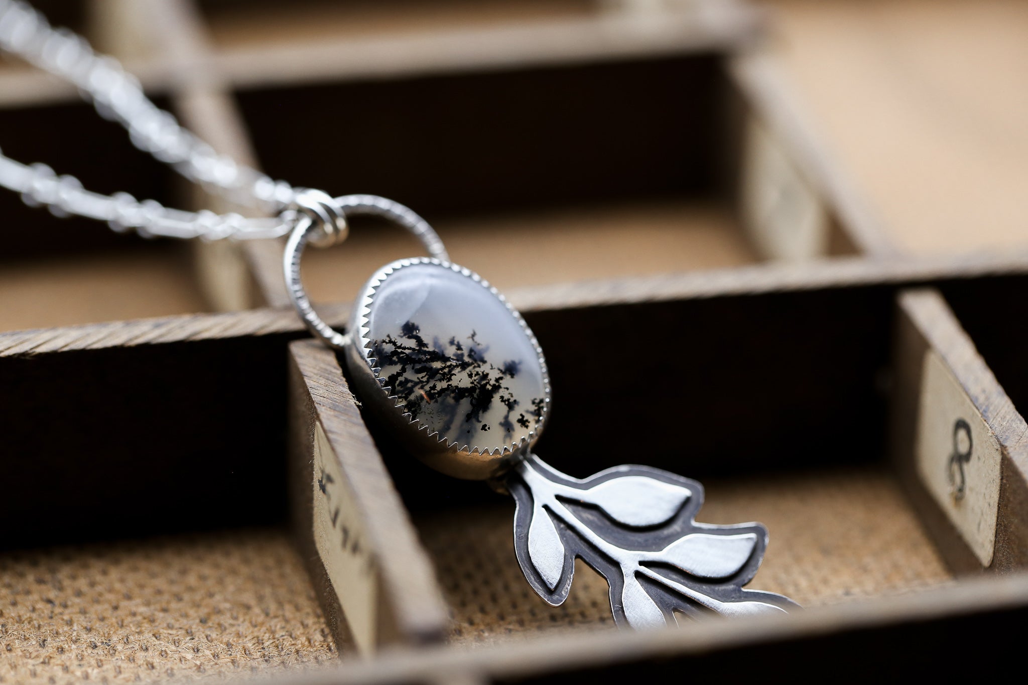 Dendritic Moss Agate Leaf Pendant