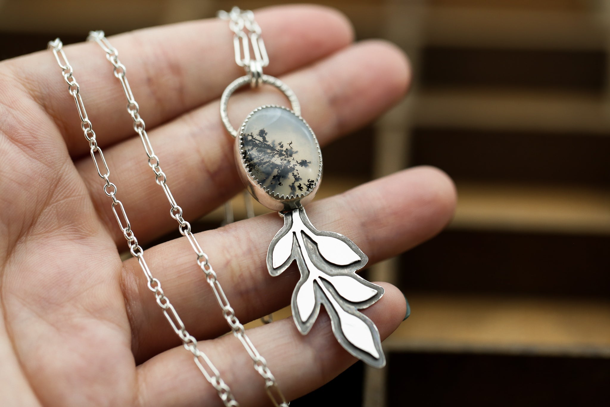 Dendritic Moss Agate Leaf Pendant