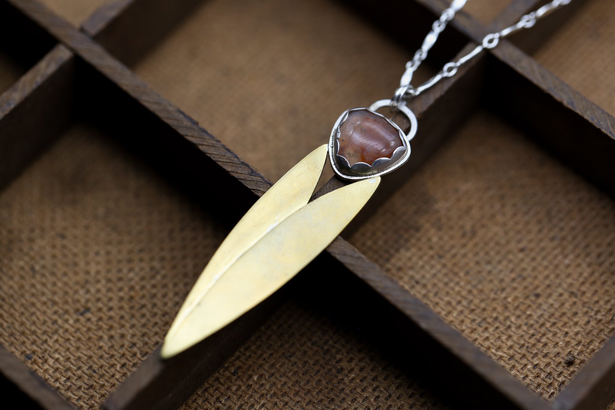 Agate Pendant with Brass Leaves