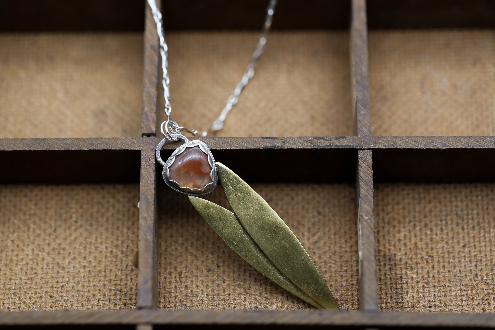 Agate Pendant with Brass Leaves