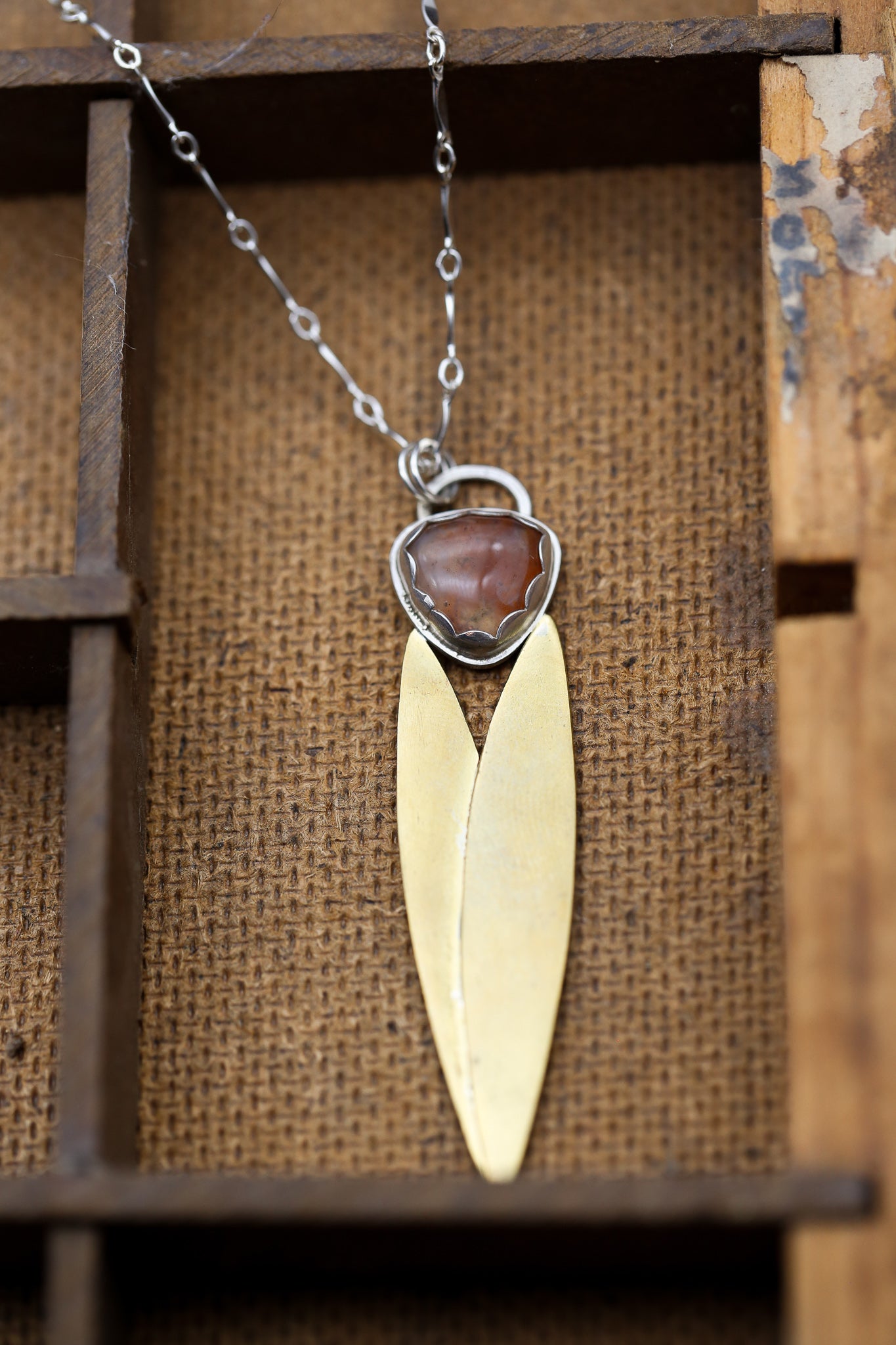 Agate Pendant with Brass Leaves