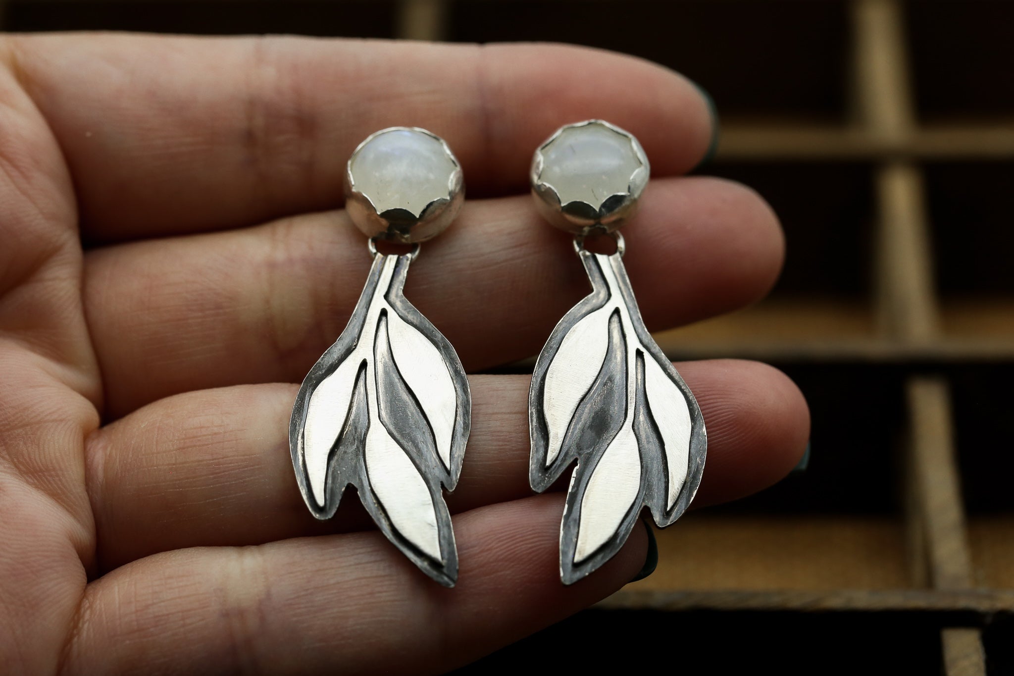 Rainbow Moonstone Leaf Earrings