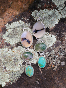 Stone Trio Earrings- Dendrite Agate, Green Moss Agate, and Kingsman Turquoise