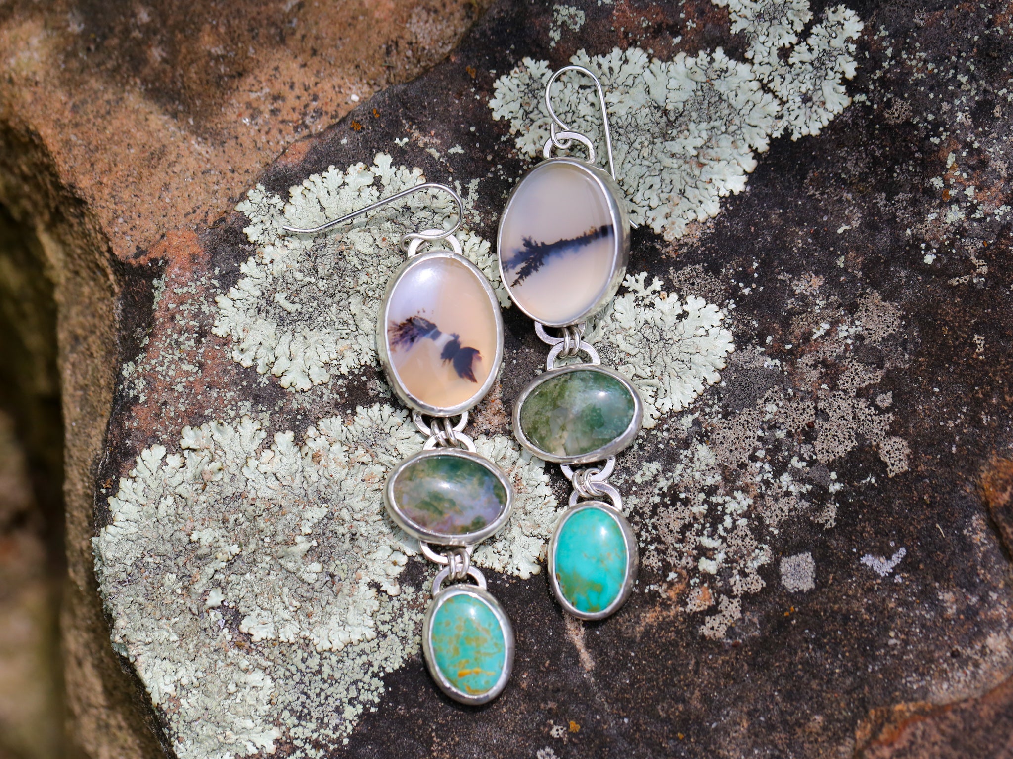 Stone Trio Earrings- Dendrite Agate, Green Moss Agate, and Kingsman Turquoise