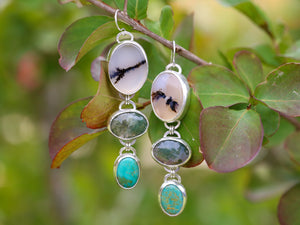 Stone Trio Earrings- Dendrite Agate, Green Moss Agate, and Kingsman Turquoise