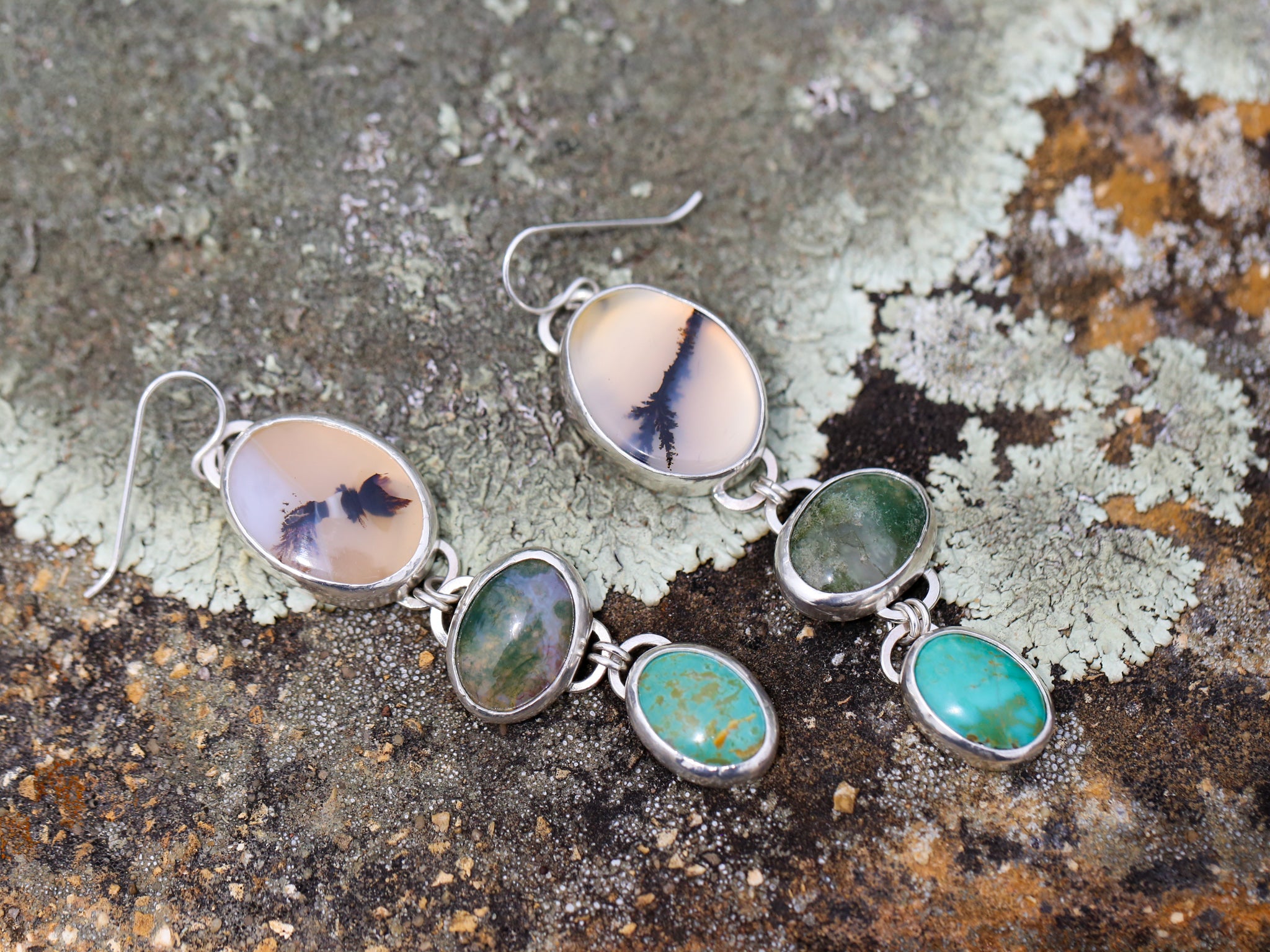 Stone Trio Earrings- Dendrite Agate, Green Moss Agate, and Kingsman Turquoise