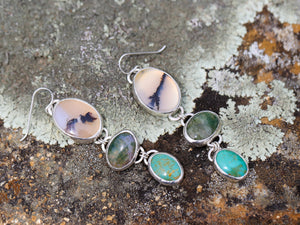 Stone Trio Earrings- Dendrite Agate, Green Moss Agate, and Kingsman Turquoise