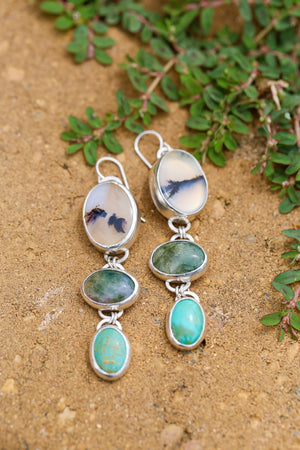 Stone Trio Earrings- Dendrite Agate, Green Moss Agate, and Kingsman Turquoise