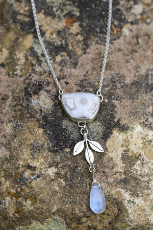 Ocean Jasper, Leaf and Rainbow Moonstone Drop Necklace