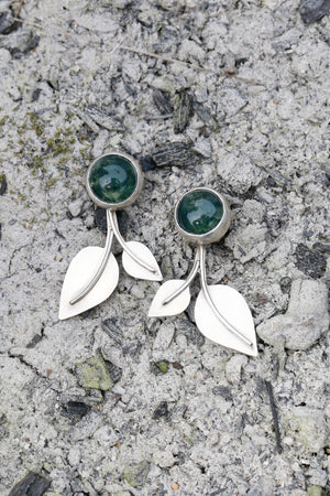 Green Moss Agate Ear Jacket Leaf Earrings